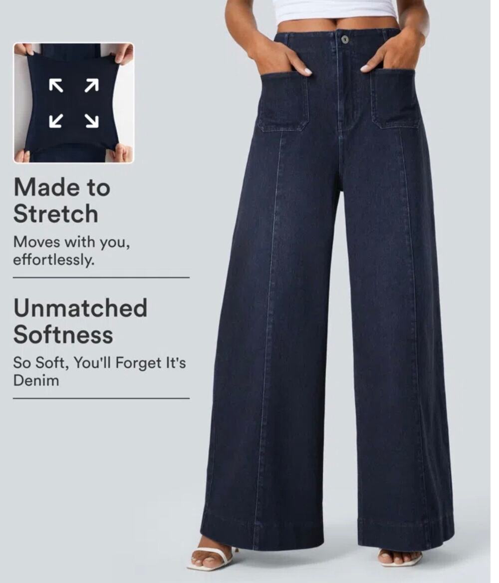 Halara Flex High Waisted Wide Leg Jeans L Tall Deep Blue Water Denim NWT